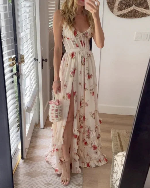 LM | Maxi dress with floral pleated slit