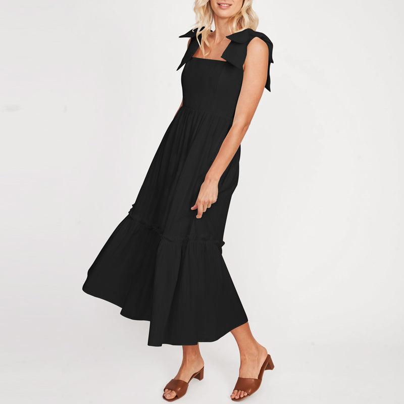 LM | Ladies One Color Tie Shoulder Ruffle Hem Maxi Dress