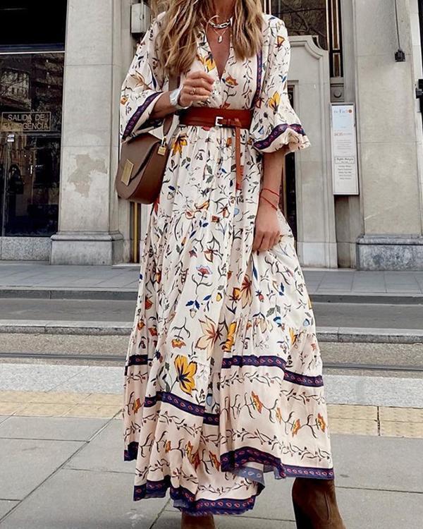 LM | Elegant boho-style maxi dress with floral print and plunging neckline