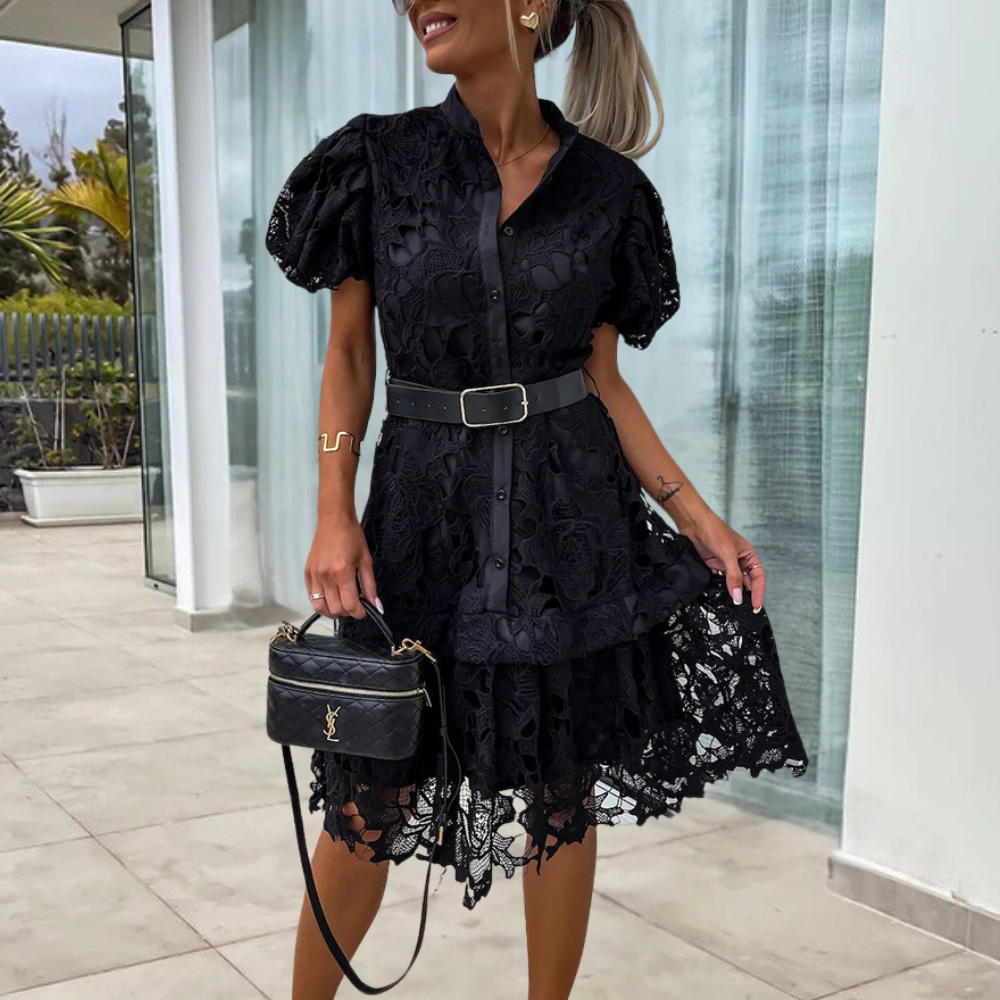 LM | Women's lace dress with puff sleeves and belt