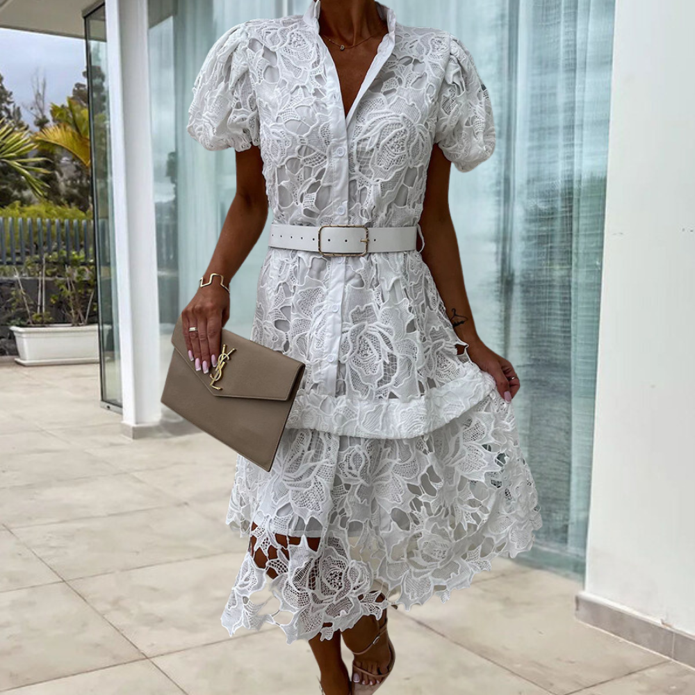 LM | Women's lace dress with puff sleeves and belt
