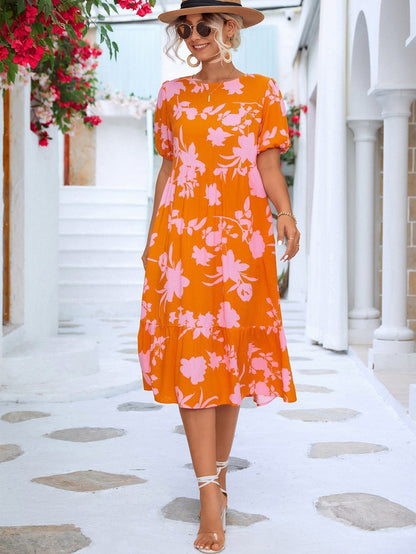 LM | Floral midi dress with puff sleeves and ruffled hem