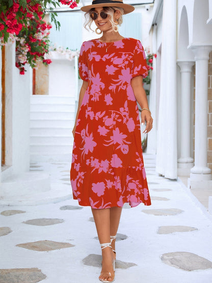 LM | Floral midi dress with puff sleeves and ruffled hem