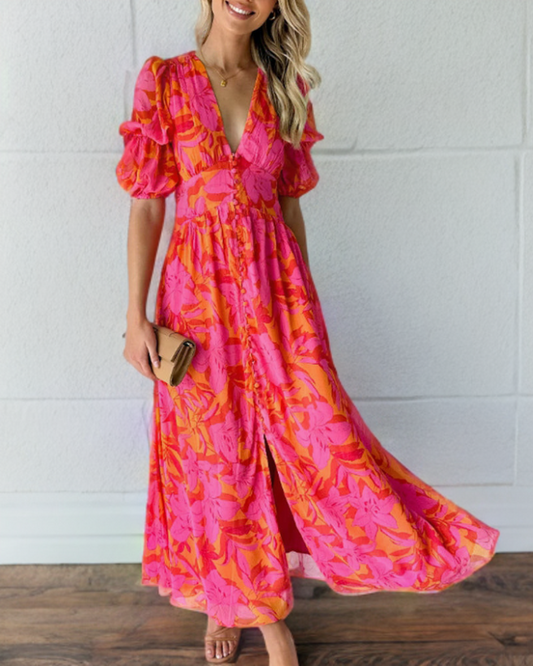 LM | Elegant dress with puffy sleeves and a deep V print.