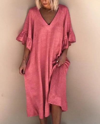 LM | Elegant plain-colored dress with V-neck and loose seams