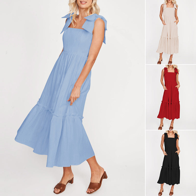 LM | Ladies One Color Tie Shoulder Ruffle Hem Maxi Dress