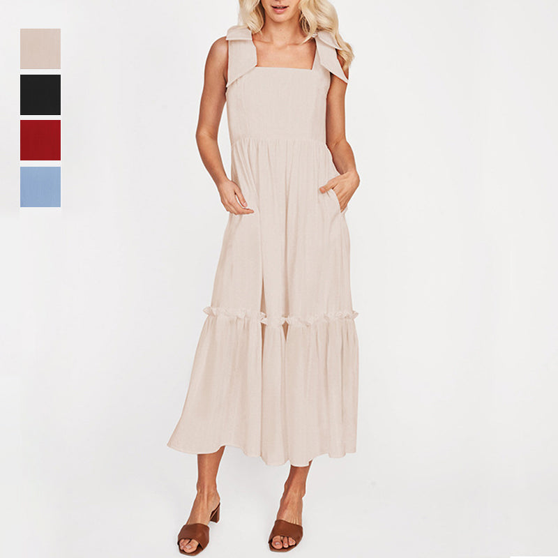 LM | Ladies One Color Tie Shoulder Ruffle Hem Maxi Dress