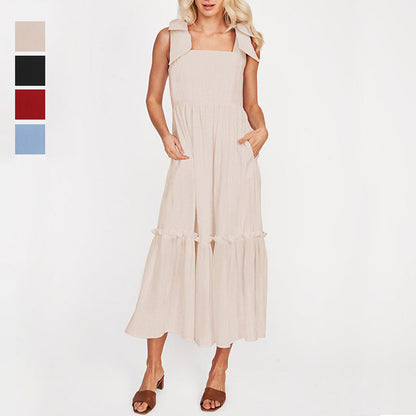 LM | Ladies One Color Tie Shoulder Ruffle Hem Maxi Dress