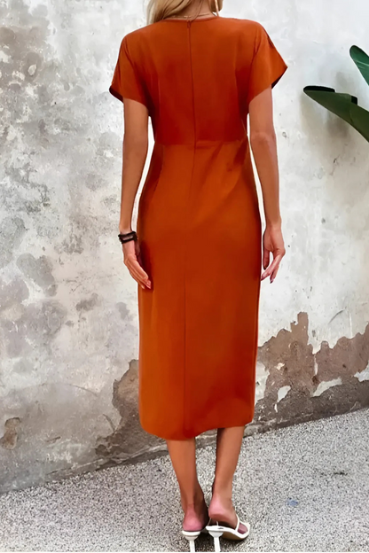 LM | Orange midi dress with V-neck