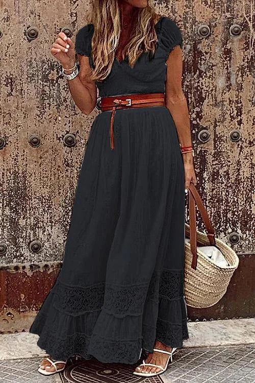 LM | Maxi lace dress with V-neck and short sleeves
