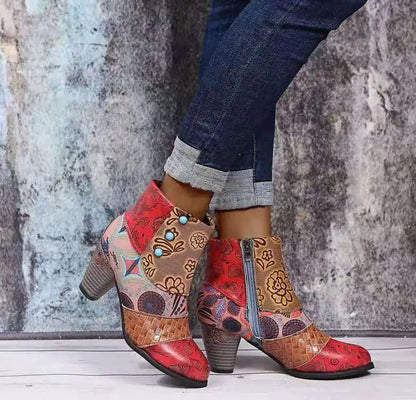 Comemore Retro Women's Autumn Ankle Boots Pattern Pu Leather Gorgeous High Heeled Medium Heel Zipper Women Boot Elegant Shoes 43