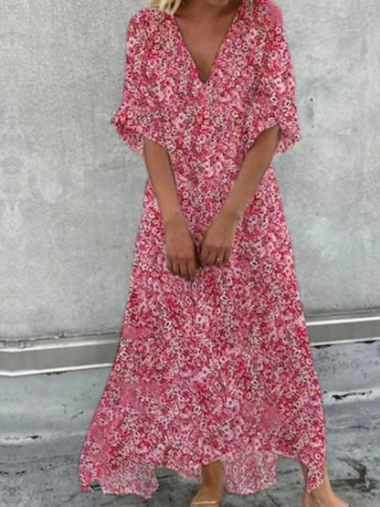 LM | Cotton dress with half sleeves and V-neckline