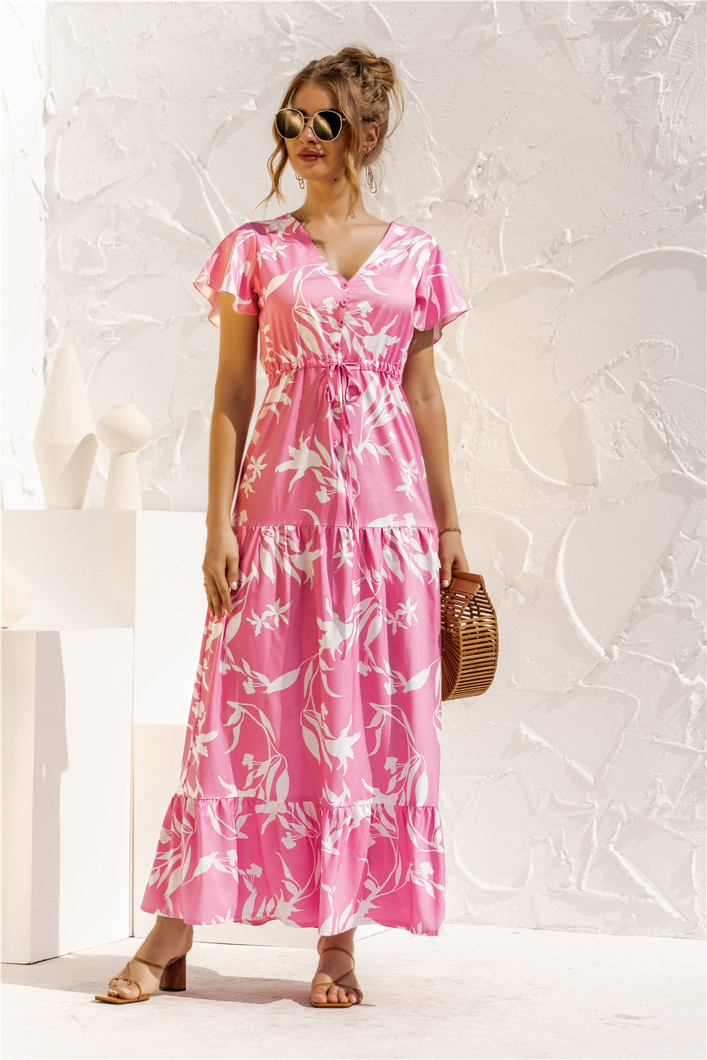 LM | spring-summer short-sleeved dress with V-neck, buttons with floral print and lace