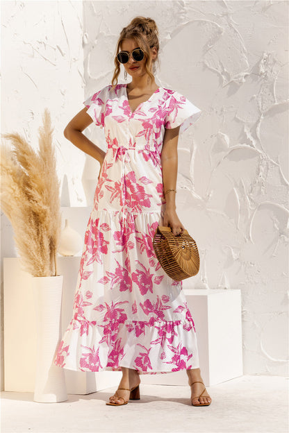 LM | spring-summer short-sleeved dress with V-neck, buttons with floral print and lace