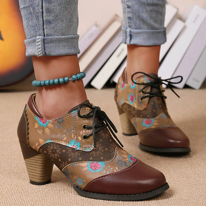 Bohemian Women PU Leather Shoes Ethnic Style Lace Up Fashion Casual Vintage Shoes Zipper High Heel Short Boots Botas Mujer