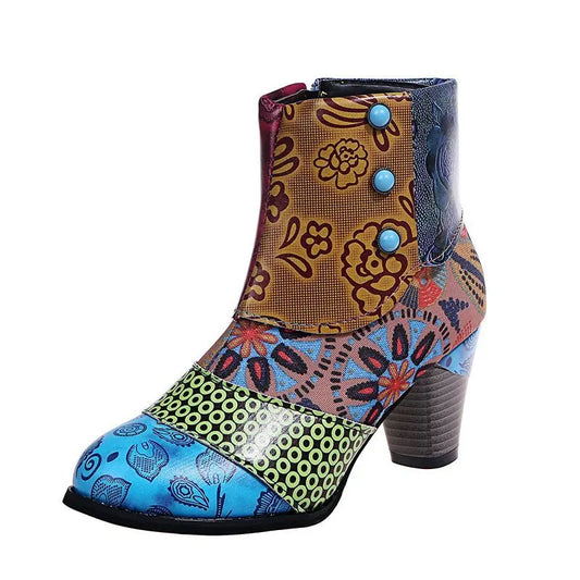 Comemore Retro Women's Autumn Ankle Boots Pattern Pu Leather Gorgeous High Heeled Medium Heel Zipper Women Boot Elegant Shoes 43
