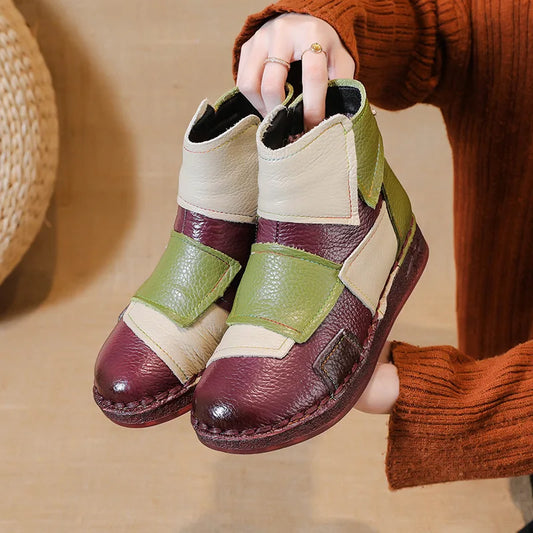 Woman Boots Vintage Handmade Shoes Cow Leather Winter Plush Booties Women's Genuine Leather Non-slip Ankle Boots