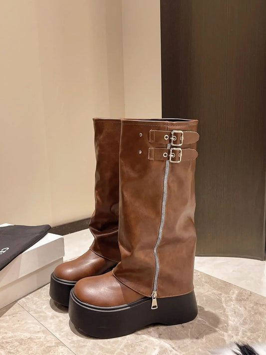 Tassel Boots for Women Retro Gothic Trend Women Boots Chelsea Mid Heels Motorcycle Boots Women Fashion Knee High Botas