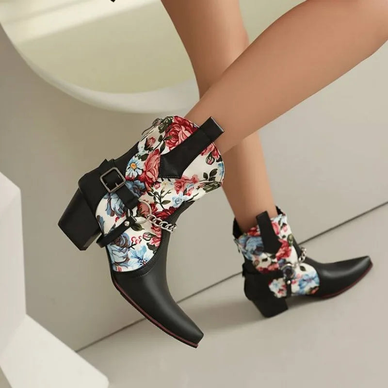 Autumn winter new style fashion thick heeled women's boots pointed toe Printing Flowers chain Short boots high 5.5cm size 35-48