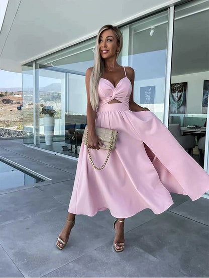 LM | Pocket neckline at the side with slit Midi dress
