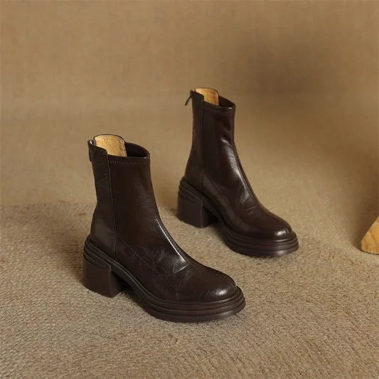 Winter Vintage Women Stretch Ankle Boots Elegant Platform Thick Heel Shoes Concise Short Botas De Mujer