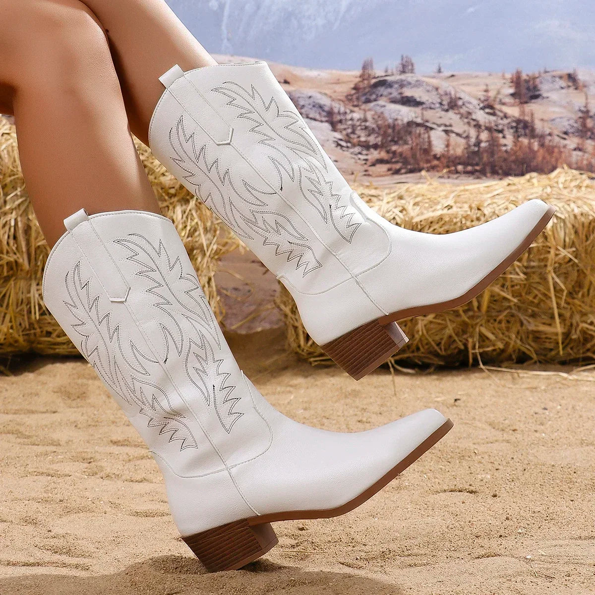 Women's Mid-Calf Boots 2024 New Autumn Winter Shoes Women Fashion Chunky Heeled Boots Vintage Western Cowgirl High Heels Boots