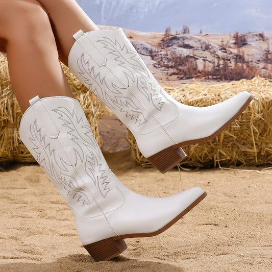 Women's Mid-Calf Boots 2024 New Autumn Winter Shoes Women Fashion Chunky Heeled Boots Vintage Western Cowgirl High Heels Boots