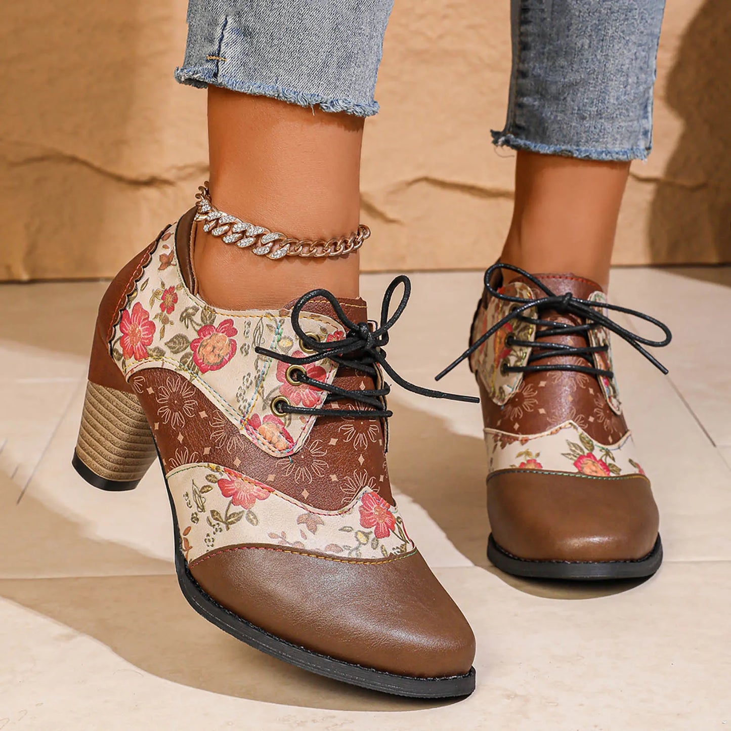 Bohemian Women PU Leather Shoes Ethnic Style Lace Up Fashion Casual Vintage Shoes Zipper High Heel Short Boots Botas Mujer