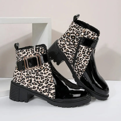 Women Round Toe Belt Buckle Ankle Boots  Spring Autumn New Leopard Print Leather Boots Female Fashion High Heels Short Boots