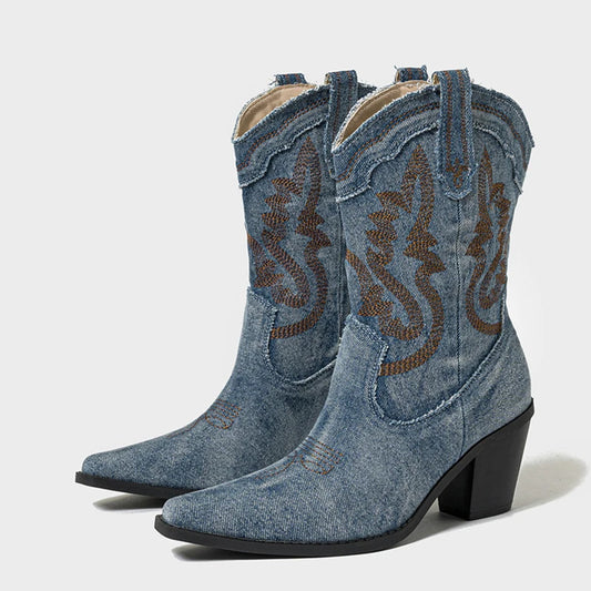 Liyke 2025 Autumn Winter Comfy Western Cowboy Boots Vintage Women Embroidery Denim High Heels Party Dress Ladies Shoes Booties