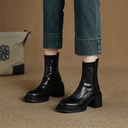 Winter Vintage Women Stretch Ankle Boots Elegant Platform Thick Heel Shoes Concise Short Botas De Mujer