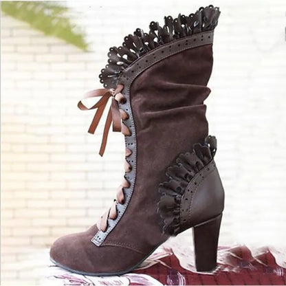 High Heel Boots Women Steampunk Women Sexy Leather Suede Boots Autumn Vintage Winter Shoes Women Lace Up Cosplay Boots size35-43