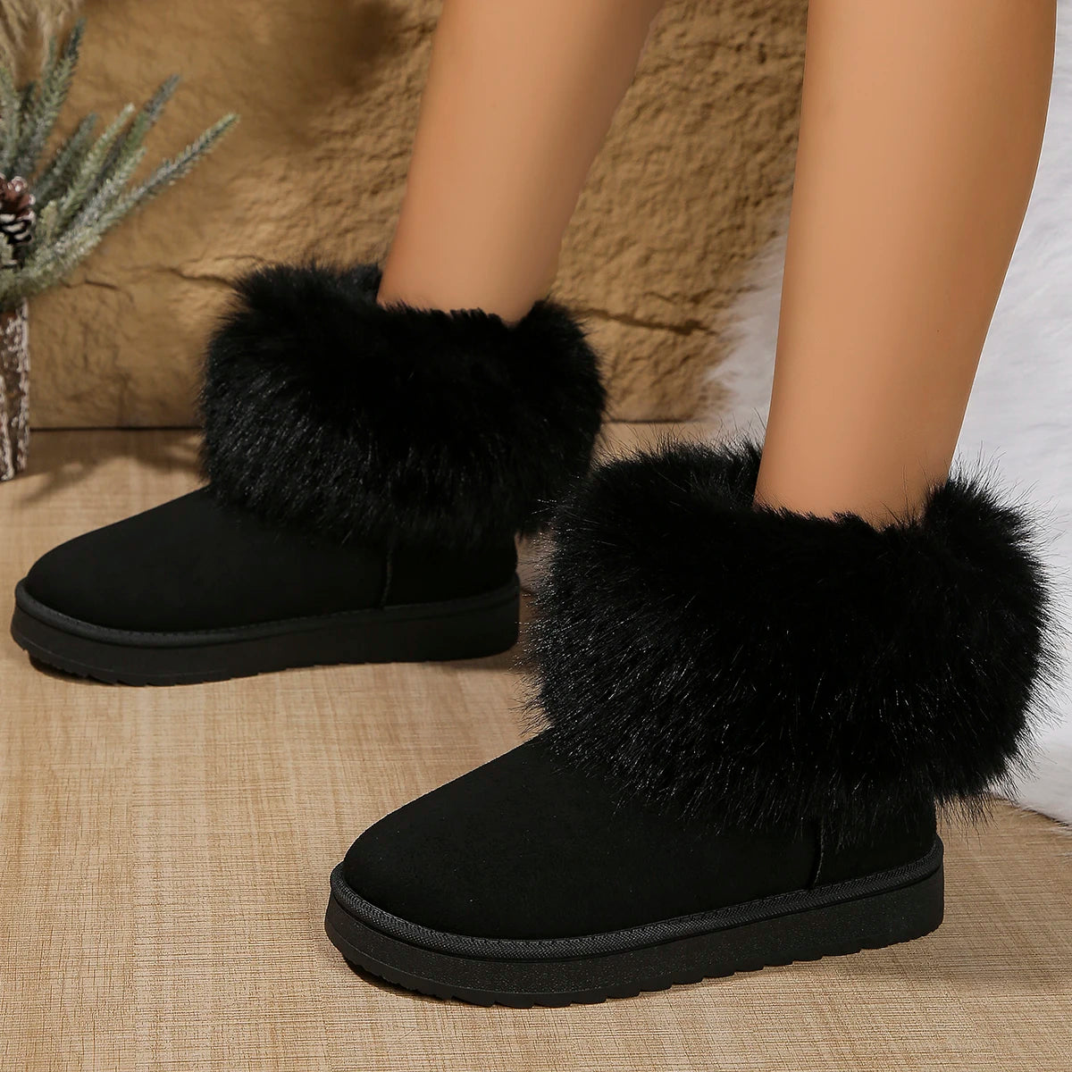 Faux Fur Flat Heels Snow Boots Women 2025 Winter Slip On Warm Thicken Plush Ankle Boots Woman Non Slip Cotton Padded Shoes