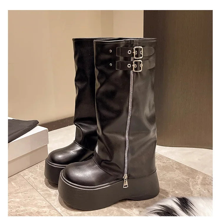 Tassel Boots for Women Retro Gothic Trend Women Boots Chelsea Mid Heels Motorcycle Boots Women Fashion Knee High Botas