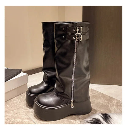 Tassel Boots for Women Retro Gothic Trend Women Boots Chelsea Mid Heels Motorcycle Boots Women Fashion Knee High Botas