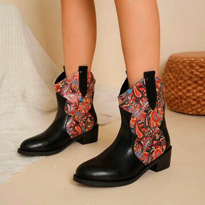 Pointy Toe Chunky Mid-heel Snake-print Low Boots Side Zip Western Cowboy Rider Boots Women's Plus-size Leather Boots