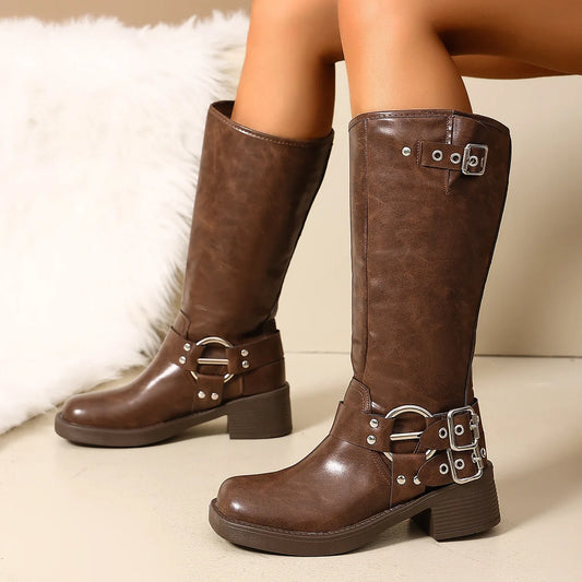 Autumn Winter New Luxury Punk Chunky Heels Buckles Riding Boots Cool Fashion Street Knee High Motorcycles Boot Shoes for Women
