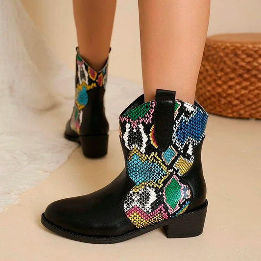 Pointy Toe Chunky Mid-heel Snake-print Low Boots Side Zip Western Cowboy Rider Boots Women's Plus-size Leather Boots