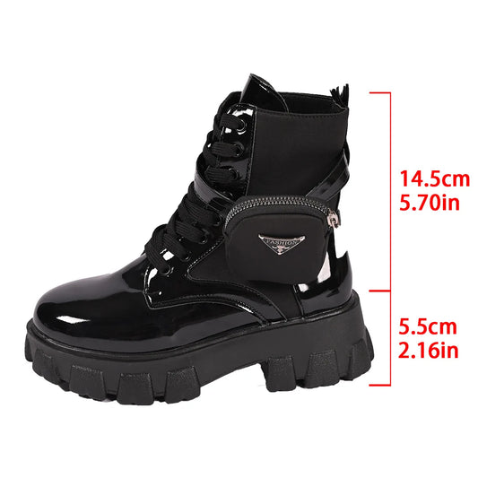 Women Boots New in Motorcycle Ankle Boots Wedges Female Lace Up Platforms White Black Leather Oxford Shoes Women Boots Mujer Bag