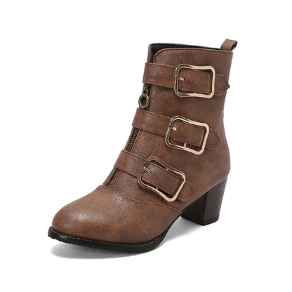 Round Toe Front Zipper Buckle Belt Designer Women Punk Shoes Chunky High Heels Goth Ankle Short Boots Big Size 47 48 Botins