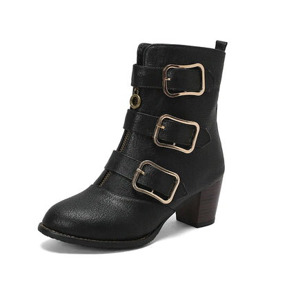 Round Toe Front Zipper Buckle Belt Designer Women Punk Shoes Chunky High Heels Goth Ankle Short Boots Big Size 47 48 Botins
