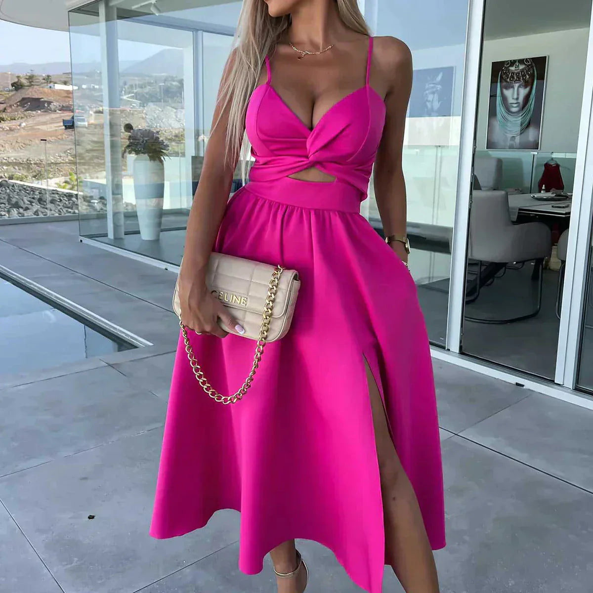 LM | Pocket neckline at the side with slit Midi dress