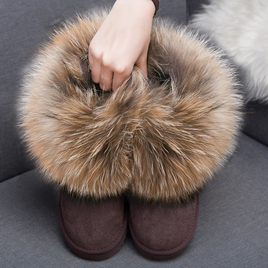 Women Sheep Wool Boots Genuine Leather Fox Fur Snow Boots Shoes Cowskin Sheep Fur Boots Flat Warm Winter Shoes