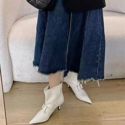 Pointed Toe Metal Buckle Strap Short Boots For Female Women Thin High Heel 2024 New Leather Fabric Elegant Sexy Winter Shoes