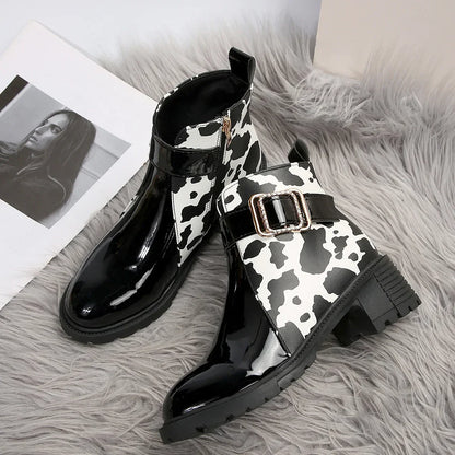 Women Round Toe Belt Buckle Ankle Boots  Spring Autumn New Leopard Print Leather Boots Female Fashion High Heels Short Boots