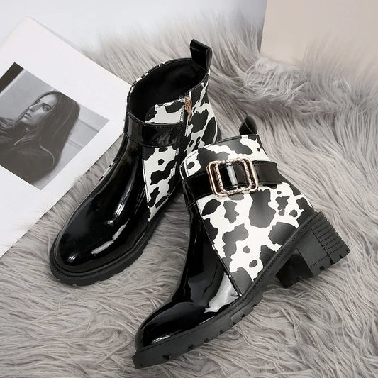 Women Round Toe Belt Buckle Ankle Boots  Spring Autumn New Leopard Print Leather Boots Female Fashion High Heels Short Boots