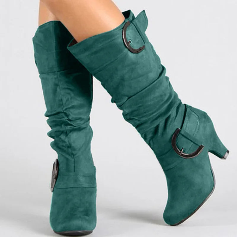 European and American Frosted Velvet High Leg Knight Boots 2023 Spring and Autumn Belt Buckle High Heel Design for Women's Boots