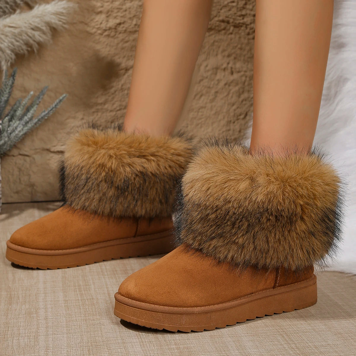 Faux Fur Flat Heels Snow Boots Women 2025 Winter Slip On Warm Thicken Plush Ankle Boots Woman Non Slip Cotton Padded Shoes
