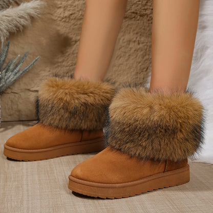 Faux Fur Flat Heels Snow Boots Women 2025 Winter Slip On Warm Thicken Plush Ankle Boots Woman Non Slip Cotton Padded Shoes