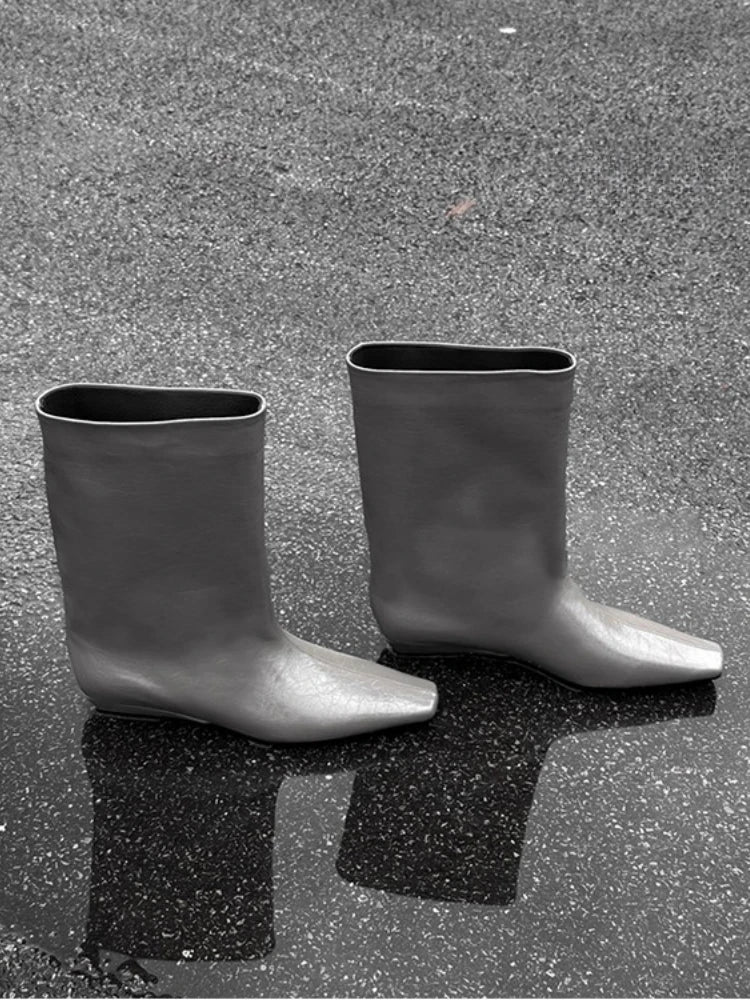 Cowhide Zapatos De Mujer Autumn and Winter New Simple Square Head Low Heel Boots  Sleeve Boots for Women Hot Selling